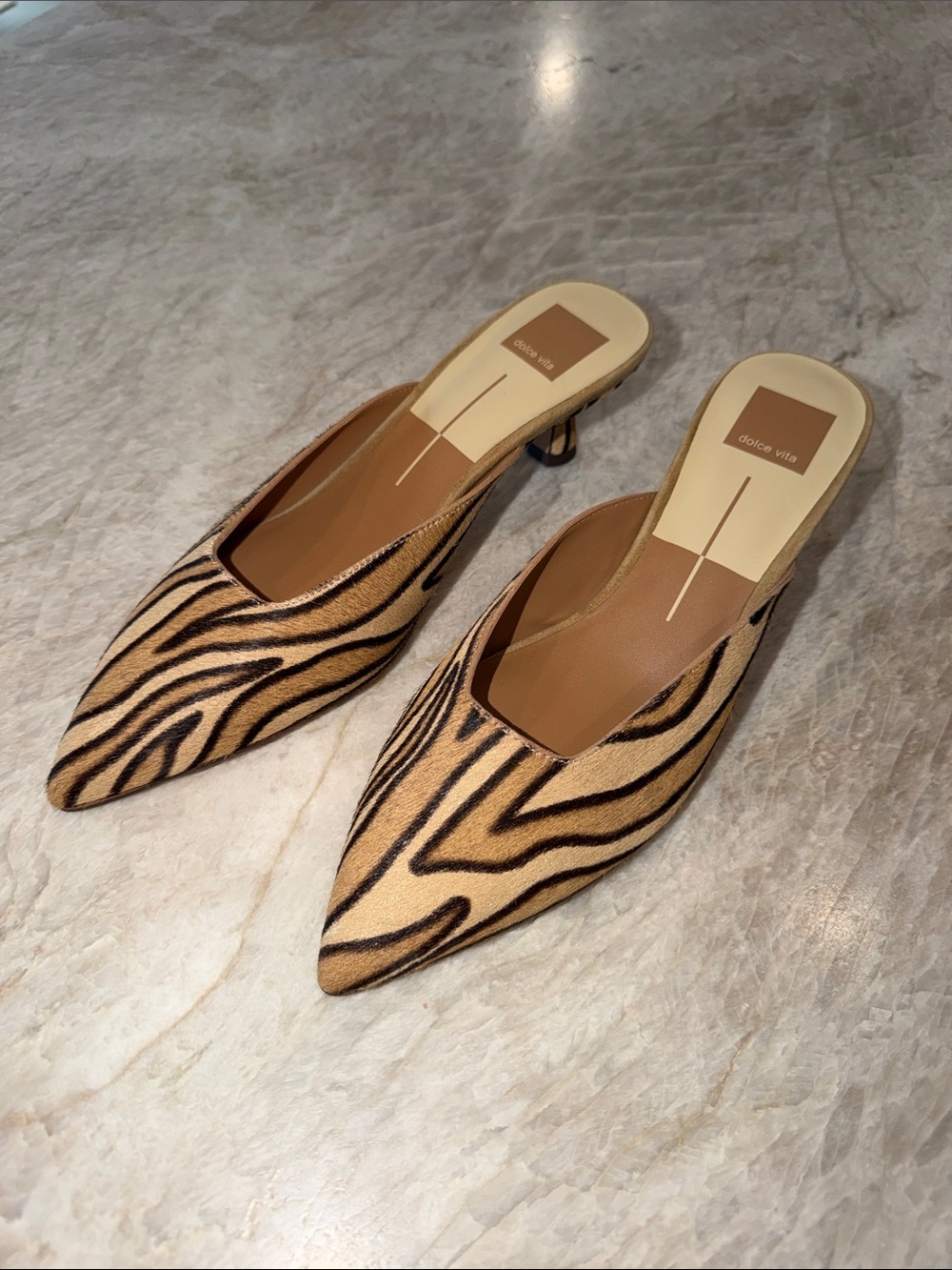 Dolce Vita Tan & Black Zebra-Print Pointed Mule Heels
